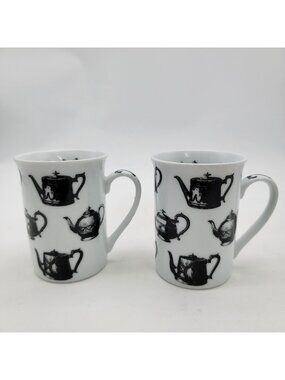 Set Of 2 Antique Pewter Paul Cardew Teapot Print Mugs
